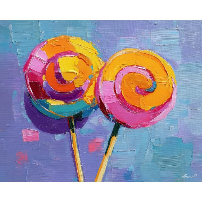 colorful lollipops, bold outlines, candy pop art, vibrant palette, flat shading, retro sweets theme, graphic shapes, pop candy motif, bright contrast, comic-style shading, neon candy art