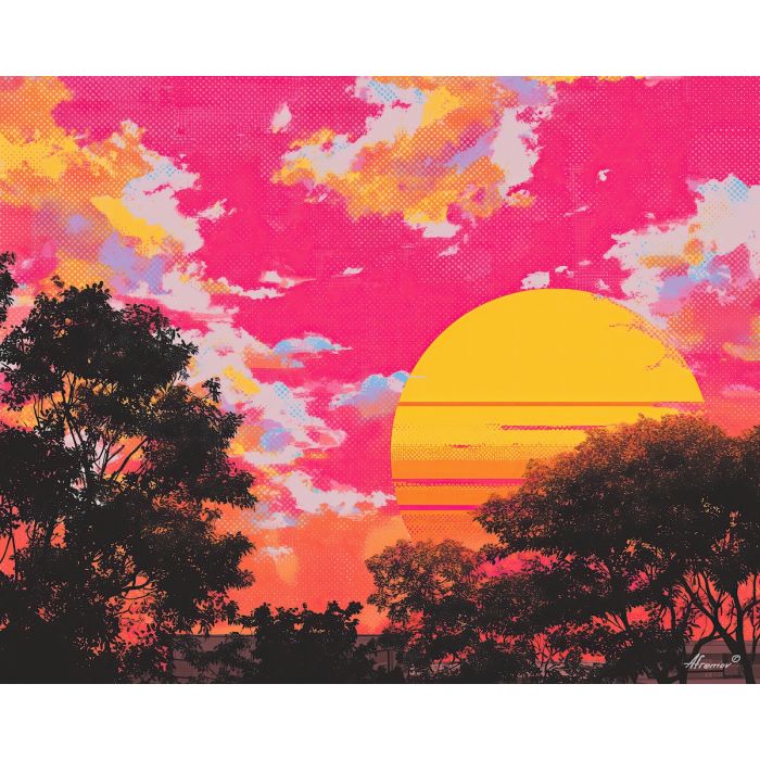pop sunset, halftone gradient, flat warm tones, graphic sun, bold sky outline, comic horizon, vintage palette, pink yellow contrast, bright block color, retro shading
