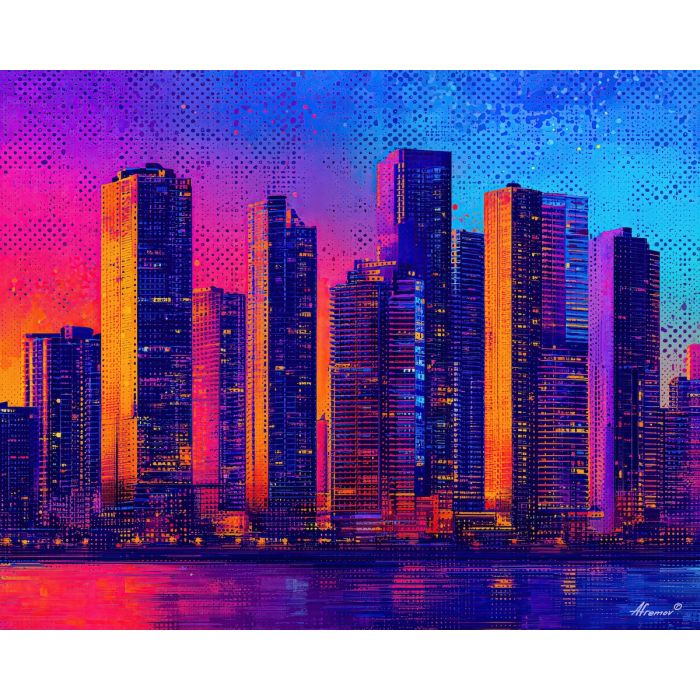 pop skyline, halftone dots, neon palette, graphic buildings, bold shadows, city pop art, retro neon look, comic cityscape, bright block colors, outlined buildings, flat color shapes, iconic city pop feel, night neon contrast, vibrant outlines, classic pop design