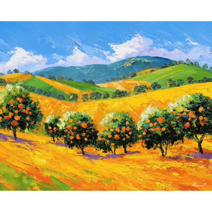 citrus orchard,orange trees,rolling green hills,clear blue sky,palette knife countryside,bright rural landscape,vivid color contrast,fruit trees in landscape,expressive hill textures,modern country painting,high saturation tones,knife painted foliage,cheerful outdoor scene,colorful farmland view,green and orange palette,landscape with orchards,contemporary rural art,bright nature study,warm fresh colors,energetic landscape strokes