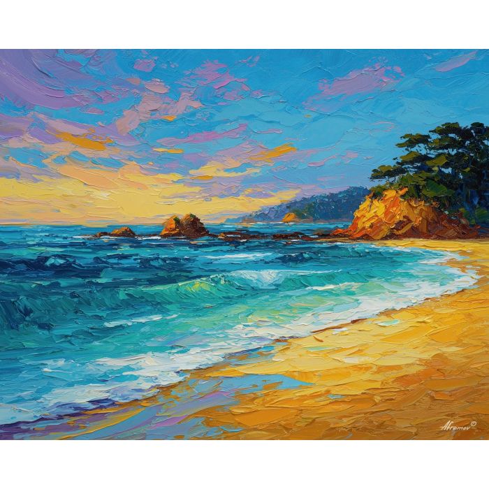 golden shoreline,turquoise sea,vivid coast colors,palette knife seascape,bright beach scene,thick textured strokes,coastal landscape art,glowing seaside light,warm sand tones,clear blue water,expressive coastline painting,modern seascape style,colorful shore view,high impact palette,knife sculpted waves,sunny beach atmosphere,vibrant horizon line,coastal color fields,summer landscape mood,bright ocean tones