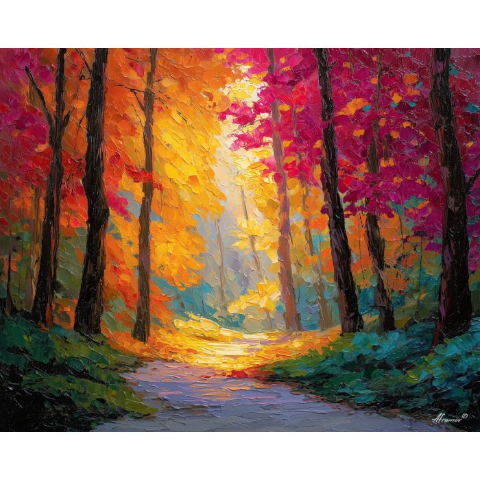 amber forest light,warm woodland path,vivid tree colors,palette knife forest,bright foliage,glowing morning tones,textured tree trunks,expressive leaf strokes,autumn style palette,forest landscape painting,high saturation warm hues,light filtering scene,modern woodland art,rich earthy colors,knife painted forest,path through trees,atmospheric morning light,contemporary forest view,thick paint layers,nature in warm tones