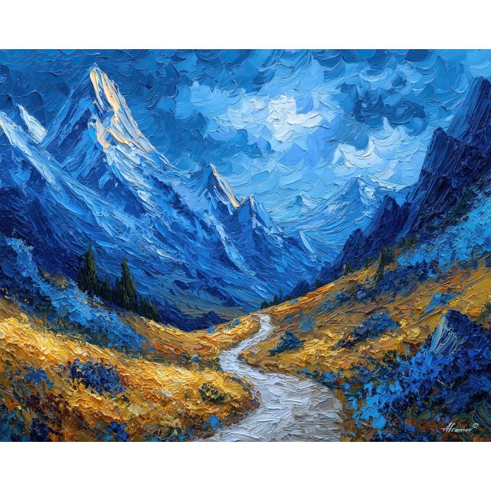 blue mountain peaks,vivid valley path,palette knife mountains,bright alpine colors,dramatic ridge lines,expressive landscape strokes,azure mountain scene,modern alpine painting,high contrast peaks,textured rock forms,color saturated valleys,skyline silhouette,mountain passage view,energetic knife marks,rich blue tones,contemporary landscape art,winding path scene,strong color blocks,crisp horizon line,impressionistic mountain style