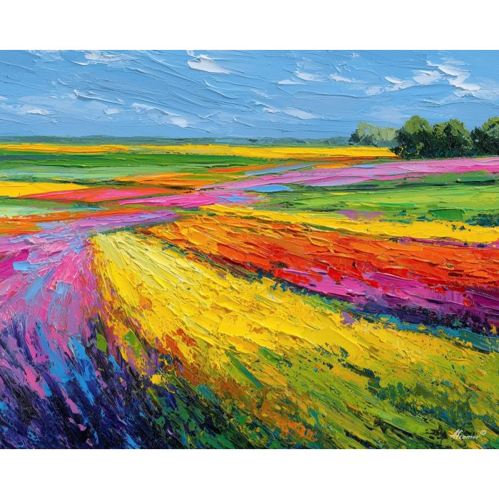 rainbow fields,color banded landscape,vivid horizontal strokes,palette knife layers,bright open countryside,colorful abstract fields,expressive landscape stripes,high saturation colors,modern field painting,playful horizon line,bright sky contrast,thick oil layers,landscape color study,contemporary countryside art,rainbow inspired palette,dynamic field composition,bold color panels,textured farmland view,abstracted nature scene,vibrant land bands