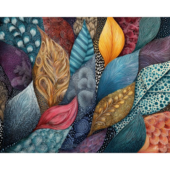 leaf zentangle, pattern foliage, dense linework, curled stripes, botanical motifs, abstract forest shapes, detailed doodle lines, organic zentangle design, forest patterns, black and white texture, leaf outlines, intricate shapes, meditative drawing, nature doodle art