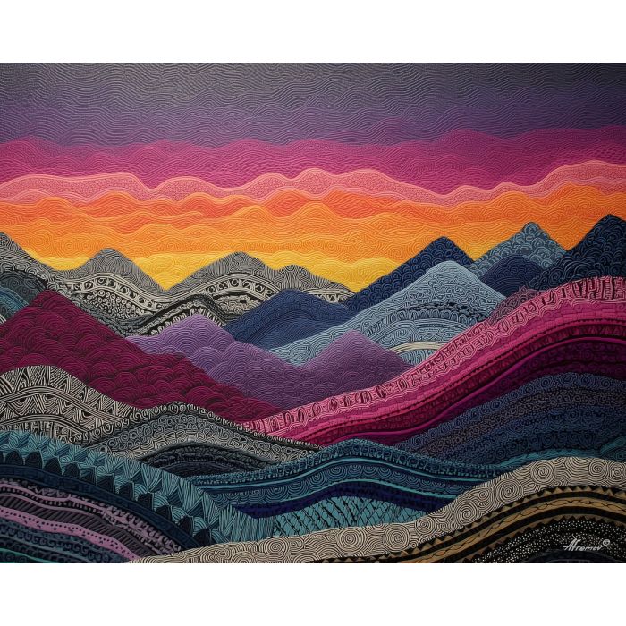 zentangle mountains, layered patterns, stripe texture, wave doodle, dotted landscape, abstract ridge, structured nature art, filled silhouettes, intricate line drawing, pattern scenery
