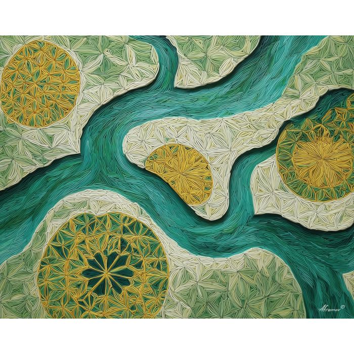 zentangle river, flowing lines, water motifs, patterned waves, abstract current, line-based art, repetitive shapes, intricate water design, meditative drawing, fluid textures