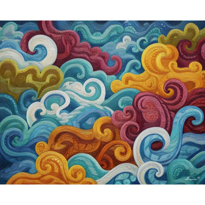 ribbon clouds, zentangle sky, patterned ribbons, long cloud shapes, repetitive motifs, airy doodles, abstract cloud lines, decorative sky art