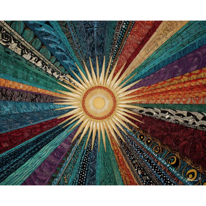 zentangle sun, radiating beams, patterned rays, sun motif, detailed lines, abstract solar art, repeating rays, decorative sunburst design