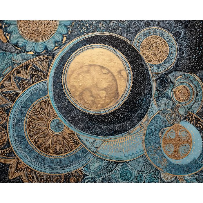 moon orbit art, circular patterns, zentangle rings, repeating textures, cosmic motif, detailed line orbit, abstract lunar design, decorative moon art
