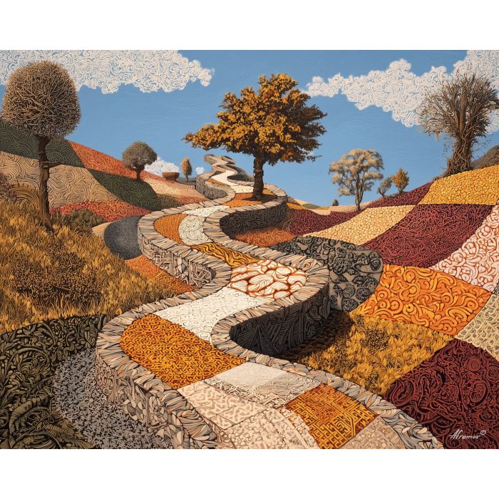 woven zentangle, patterned path, intricate tiles, abstract walkway, detailed lines, repetitive geometry, meditative route, structured linework, grid patterns, overlapping motifs