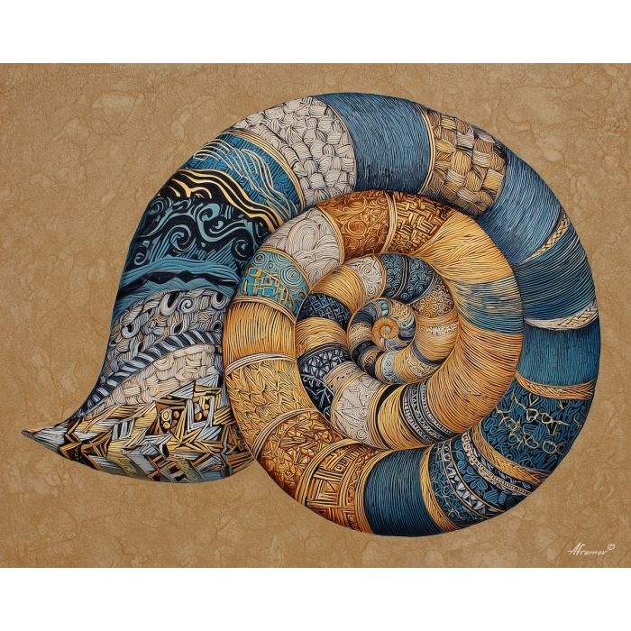 shell spiral, zentangle segments, detailed doodle fill, spiral geometry, abstract shell design, repetitive textures, organic lines, segmented spiral art
