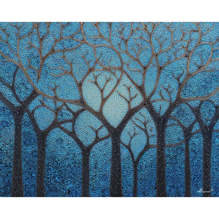 lace trees, zentangle foliage, dense line forest, intricate leaf shapes, silhouette patterns, abstract woodland, decorative textures, detailed tree forms