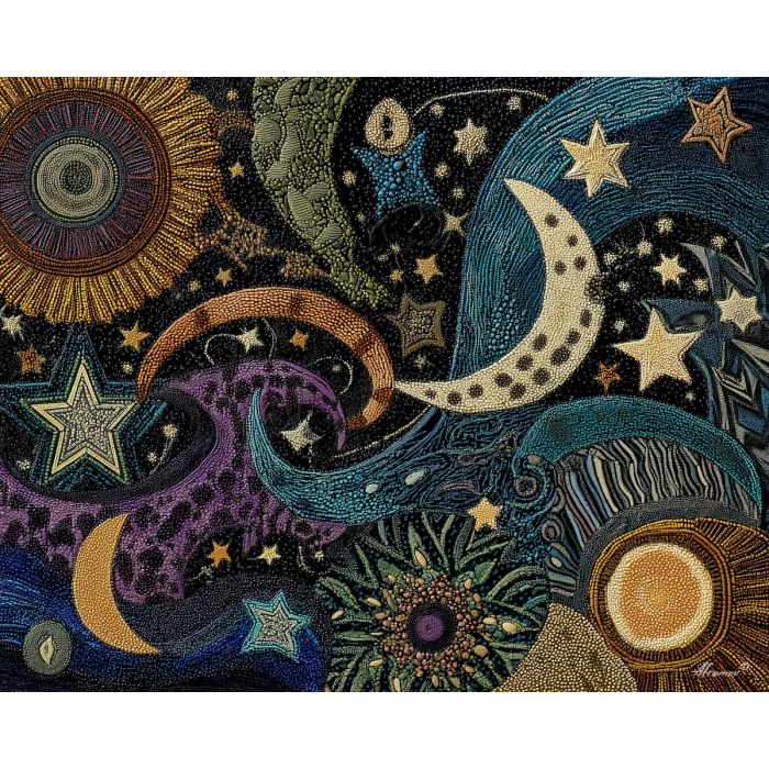 zentangle stars, moon patterns, night doodle sky, dense line textures, cosmic zentangle, abstract night art, black white contrast, repeating celestial motifs