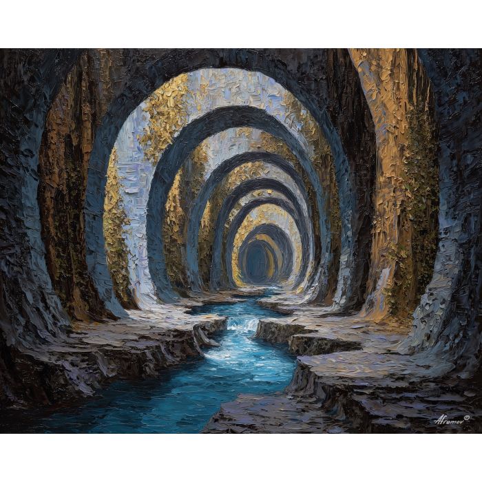 a procession of arches that cascade upward in defiance of gravity, a stepped architectural backdrop that suggests both stairs and flowing structure, sandstone oranges, dusty creams, and charcoal shadows, dynamic and paradoxical, full of suspended motion, optical illusion painting, impossible perspective, surreal geometry, abstract architecture, depth distortion, visual paradox, oil painting palette knife style, thick textured strokes, illusion art, mind bending space, dreamlike perspective, geometric abstraction, layered composition