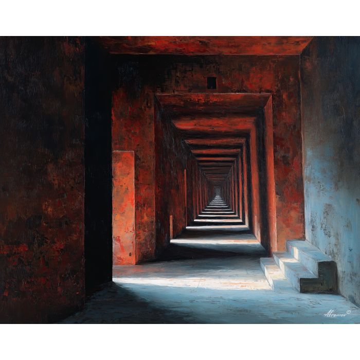 a line of narrow steps that diminishes to almost nothing as it approaches a glowing distance, a long, narrowing passage tuned entirely around perspective, amber browns, sepia shadows, and pale highlights, focused, meditative, and rich with quiet tension, optical illusion painting, impossible perspective, surreal geometry, abstract architecture, depth distortion, visual paradox, oil painting palette knife style, thick textured strokes, illusion art, mind bending space, dreamlike perspective