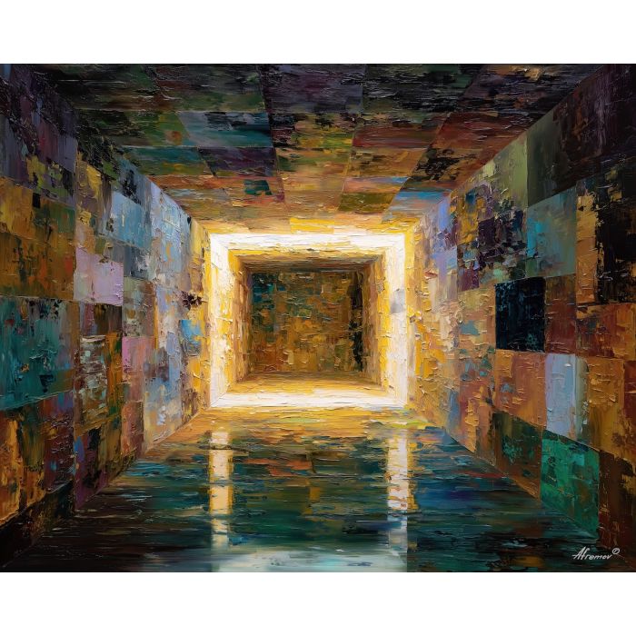 a chamber filled with recessed cubes that also appear to protrude, a shadowed room whose surfaces are broken into rhythmic cube patterns, cool slates, graphite blacks, and faint steel blues, precise, mathematical, and slightly claustrophobic, optical illusion painting, impossible perspective, surreal geometry, abstract architecture, depth distortion, visual paradox, oil painting palette knife style, thick textured strokes, illusion art, mind bending space, dreamlike perspective, geometric abstraction
