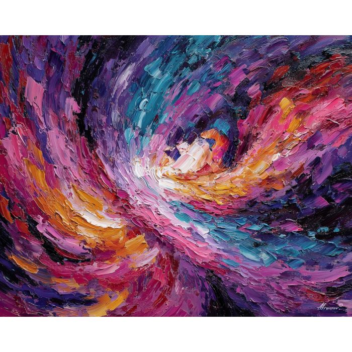 a flowing ribbon path that coils and recedes into the distance, an undefined expanse where the path is the only anchor for the eye, soft golds, muted reds, and cool purples in the shadows, hypnotic, graceful, and quietly dramatic, optical illusion painting, impossible perspective, surreal geometry, abstract architecture, depth distortion, visual paradox, oil painting palette knife style, thick textured strokes, illusion art, mind bending space, dreamlike perspective, geometric abstraction