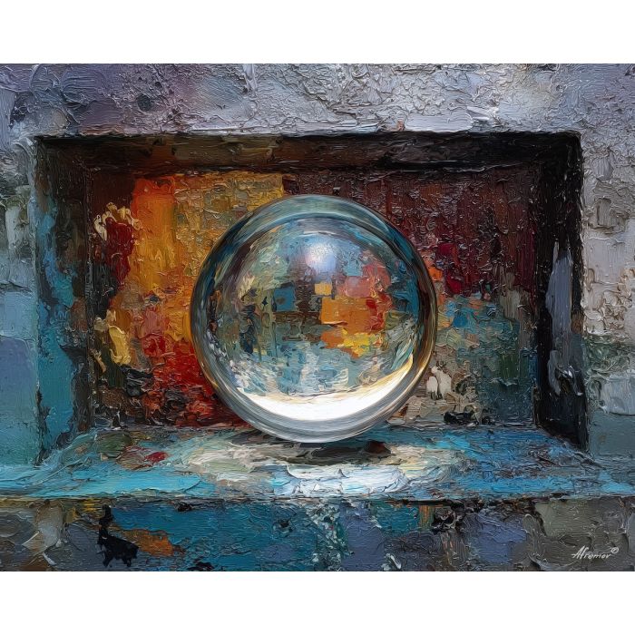 a single hovering sphere that flips between concave and convex as the eye moves, a simple framed opening that functions like a stage for the ambiguous form, smooth gray gradients, ivory highlights, and deep graphite shadows, quietly hypnotic, encouraging careful, prolonged looking, optical illusion painting, impossible perspective, surreal geometry, abstract architecture, depth distortion, visual paradox, oil painting palette knife style, thick textured strokes, illusion art, mind bending space, dreamlike perspective, geometric abstraction