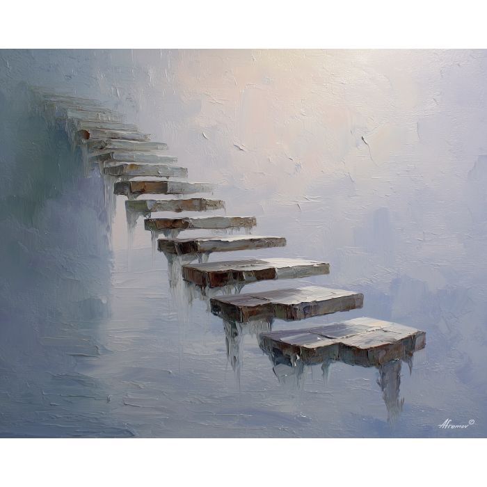 a gossamer staircase whose steps fade into mist and reappear in unexpected places, a clouded, undefined space where edges dissolve into vapor, pale grays, silver whites, and soft pastel hints, ethereal, weightless, and dreamlike, optical illusion painting, impossible perspective, surreal geometry, abstract architecture, depth distortion, visual paradox, oil painting palette knife style, thick textured strokes, illusion art, mind bending space, dreamlike perspective