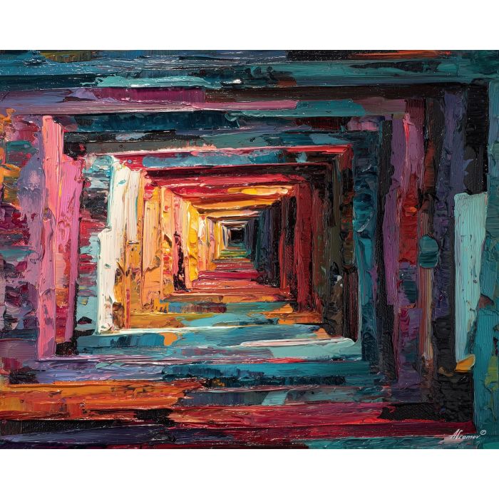 a dark spiral of space twisting through a series of nested rectangular frames, a neutral backdrop that emphasizes the rotating frames and central darkness, deep charcoals, soft whites, and muted blue undertones, meditative and intense, drawing the gaze into its center, optical illusion painting, impossible perspective, surreal geometry, abstract architecture, depth distortion, visual paradox, oil painting palette knife style, thick textured strokes, illusion art, mind bending space, dreamlike perspective, geometric abstraction, layered composition