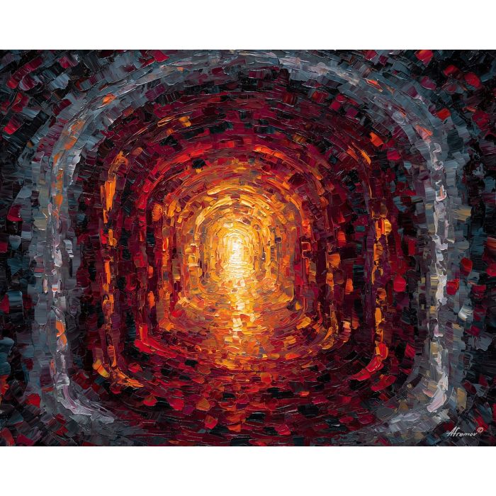 a sequence of nested diamond forms that fold inward like a luminous tunnel, a geometric passage that seems to stretch beyond the visible frame, golden ambers, soft oranges, and deep midnight blues, glowing and immersive, with a meditative pull, optical illusion painting, impossible perspective, surreal geometry, abstract architecture, depth distortion, visual paradox, oil painting palette knife style, thick textured strokes, illusion art, mind bending space, dreamlike perspective, geometric abstraction, layered composition