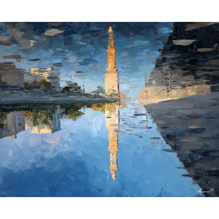 a vertical tower that seems to reflect straight into the sky above, an open skyline where architecture stretches both up and further up, steel grays, cool blues, and bright white glints, clean, futuristic, and slightly uncanny, optical illusion painting, impossible perspective, surreal geometry, abstract architecture, depth distortion, visual paradox, oil painting palette knife style, thick textured strokes, illusion art, mind bending space, dreamlike perspective, geometric abstraction