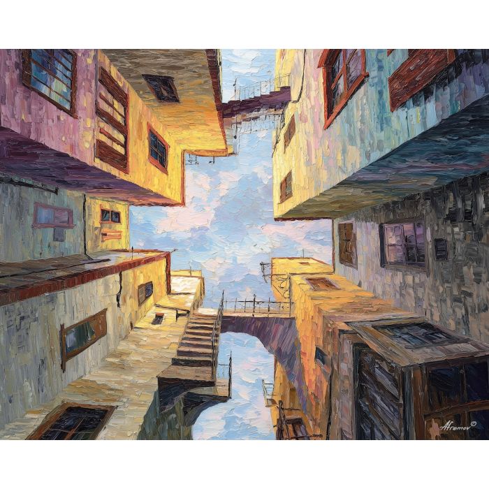 a calm urban street that suddenly bends and folds upward like a sheet of paper, a modest city block rendered from an exaggerated low viewpoint, soft grays, muted browns, and faint neon accents, subtle and cinematic, with a slow-burn sense of unreality, optical illusion painting, impossible perspective, surreal geometry, abstract architecture, depth distortion, visual paradox, oil painting palette knife style, thick textured strokes, illusion art, mind bending space, dreamlike perspective, geometric abstraction, layered composition