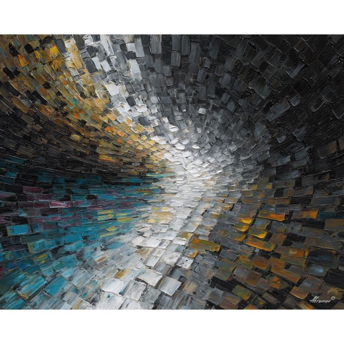 a broad grid that curves upward into the sky like a bending sheet, an open field of lines stretching toward a sharply curved horizon, warm ochres, dusty creams, and hints of blue-gray air, expansive and analytical, yet quietly surreal, optical illusion painting, impossible perspective, surreal geometry, abstract architecture, depth distortion, visual paradox, oil painting palette knife style, thick textured strokes, illusion art, mind bending space, dreamlike perspective, geometric abstraction, layered composition