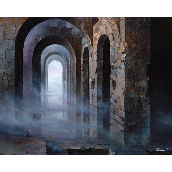 a procession of floating stone archways that drift in layered space and recede into haze, an open architectural void where gravity seems to loosen its grip, muted ochres, pale grays, and hints of cool blue mist, tranquil but uncanny, with a sense of weightless suspension, optical illusion painting, impossible perspective, surreal geometry, abstract architecture, depth distortion, visual paradox, oil painting palette knife style, thick textured strokes, illusion art, mind bending space, dreamlike perspective, geometric abstraction, layered composition