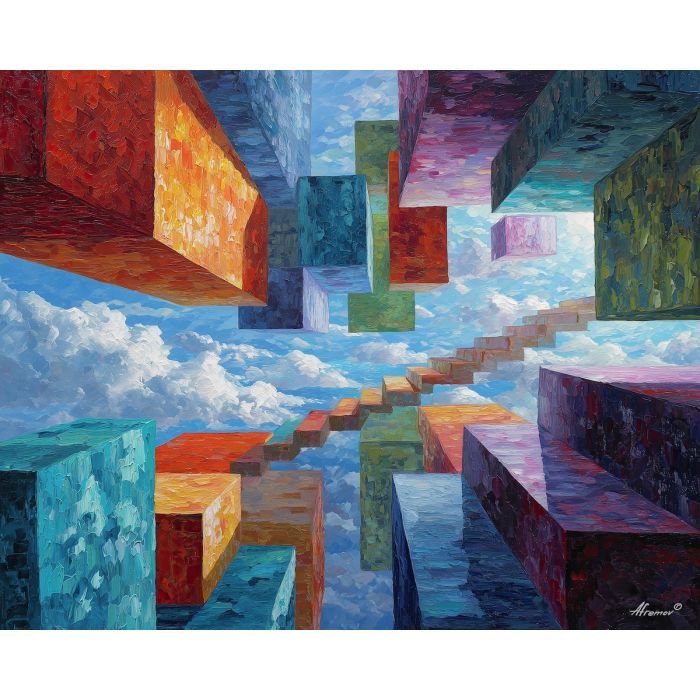 a rising stairway built from cubes that swell and bend as they climb, an open sky backdrop where architecture and atmosphere blur together, dusty blues, pale creams, and warm stone neutrals, uplifting yet uncanny, like a dream of endless ascent, optical illusion painting, impossible perspective, surreal geometry, abstract architecture, depth distortion, visual paradox, oil painting palette knife style, thick textured strokes, illusion art, mind bending space, dreamlike perspective, geometric abstraction, layered composition
