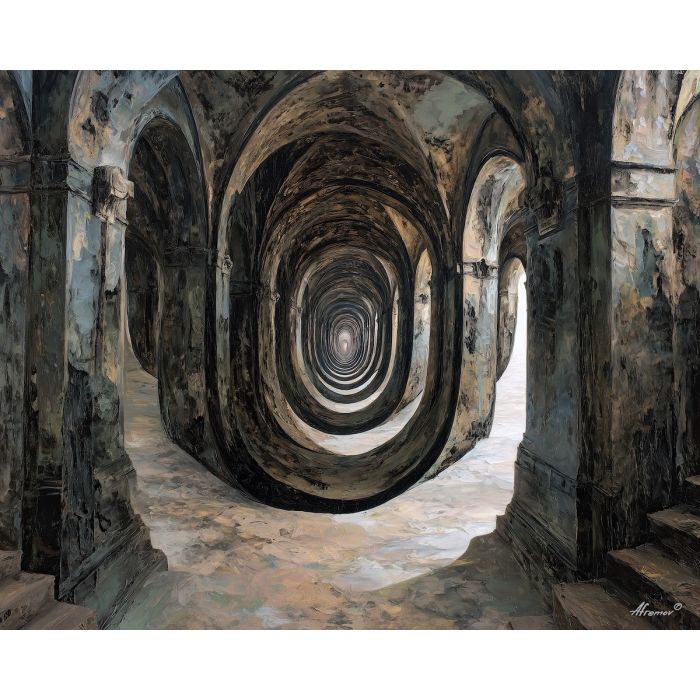a pair of long corridors that appear to merge and separate at the same time, an elongated interior passage where walls slide past one another like shifting panels, soft tans, slate grays, and shadowed blues, cool, cerebral, and slightly haunting, optical illusion painting, impossible perspective, surreal geometry, abstract architecture, depth distortion, visual paradox, oil painting palette knife style, thick textured strokes, illusion art, mind bending space, dreamlike perspective, geometric abstraction