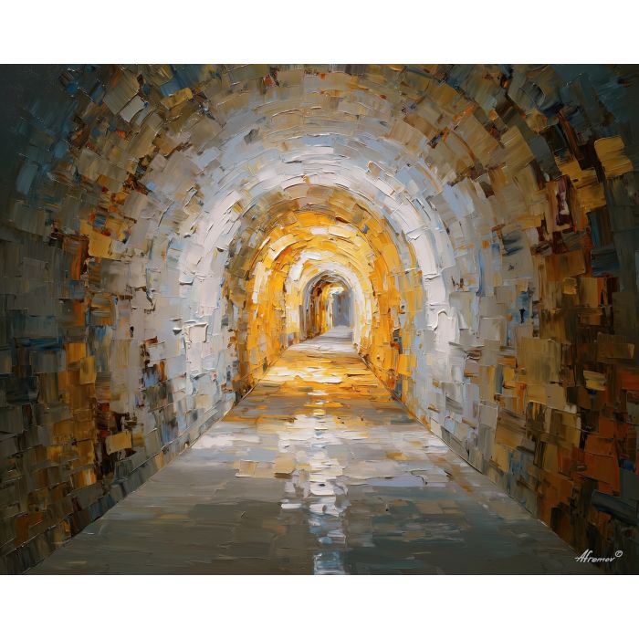 a narrow hallway that bends abruptly under a glowing arc of light, an inner passage where illumination seems to pool and curve along the ceiling, warm yellows, deep browns, and smoky neutrals, intimate, atmospheric, and gently surreal, optical illusion painting, impossible perspective, surreal geometry, abstract architecture, depth distortion, visual paradox, oil painting palette knife style, thick textured strokes, illusion art, mind bending space, dreamlike perspective, geometric abstraction