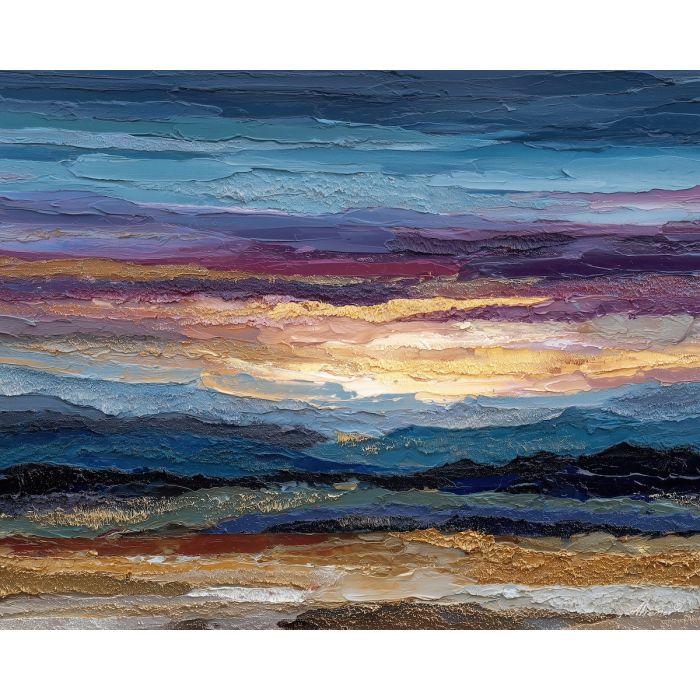 a landscape divided by two separate horizon lines stacked one above the other, fields and distant hills that seem to belong to different distances at once, soft greens, muted golds, and pale sky tones, quietly uncanny, as if reality had slipped out of alignment, optical illusion painting, impossible perspective, surreal geometry, abstract architecture, depth distortion, visual paradox, oil painting palette knife style, thick textured strokes, illusion art, mind bending space, dreamlike perspective, geometric abstraction, layered composition