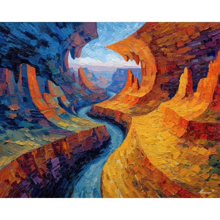 a rocky canyon that bends into a looping arc and rejoins itself, a desert gorge reimagined as a closed circuit of stone, burnt oranges, deep reds, and shadowy purples, dramatic and surreal, like a memory reshaped in a dream, optical illusion painting, impossible perspective, surreal geometry, abstract architecture, depth distortion, visual paradox, oil painting palette knife style, thick textured strokes, illusion art, mind bending space, dreamlike perspective, geometric abstraction, layered composition
