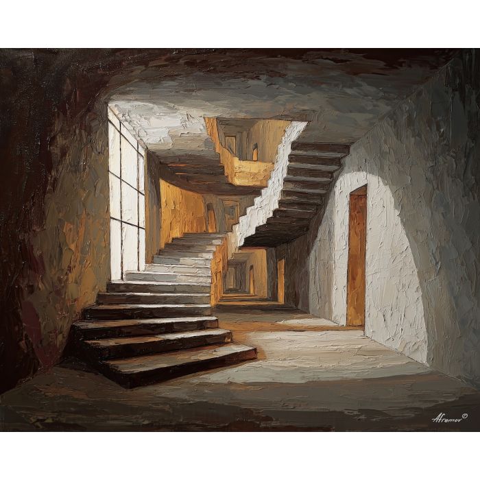 a mirrored, spiraling staircase that appears to turn back into itself in an impossible loop, a narrow stairwell interior where walls and steps seem to echo endlessly, soft creams, bronzes, and deep charcoal shadows, mysterious and slightly disorienting, yet strangely calm, optical illusion painting, impossible perspective, surreal geometry, abstract architecture, depth distortion, visual paradox, oil painting palette knife style, thick textured strokes, illusion art, mind bending space, dreamlike perspective, geometric abstraction