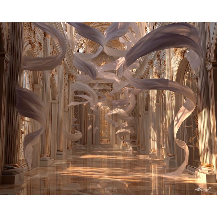 floating, ribbons, curling, through, an, airy, decorative, hall, rococo style, pastel tones, ornate decoration, gilded curves, floral motifs, 18th century aesthetic, elegant detailing, asymmetry, soft lighting, decorative art