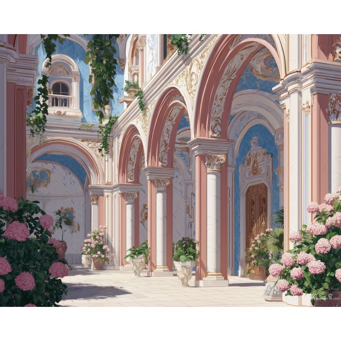 a, courtyard, framed, by, pastel, arches, and, curling, rococo style, pastel tones, ornate decoration, gilded curves, floral motifs, 18th century aesthetic, elegant detailing, asymmetry, soft lighting, decorative art