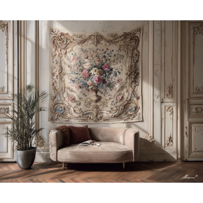 a, tapestry, fluttering, with, blossoms, and, scrollwork, rococo style, pastel tones, ornate decoration, gilded curves, floral motifs, 18th century aesthetic, elegant detailing, asymmetry, soft lighting, decorative art