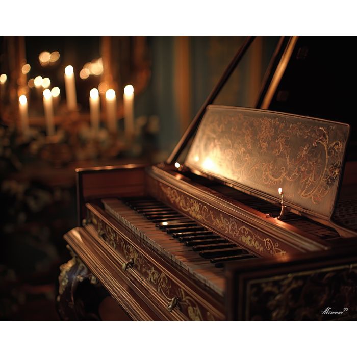 a, harpsichord, glowing, under, soft, diffused, candlelight, rococo style, pastel tones, ornate decoration, gilded curves, floral motifs, 18th century aesthetic, elegant detailing, asymmetry, soft lighting, decorative art
