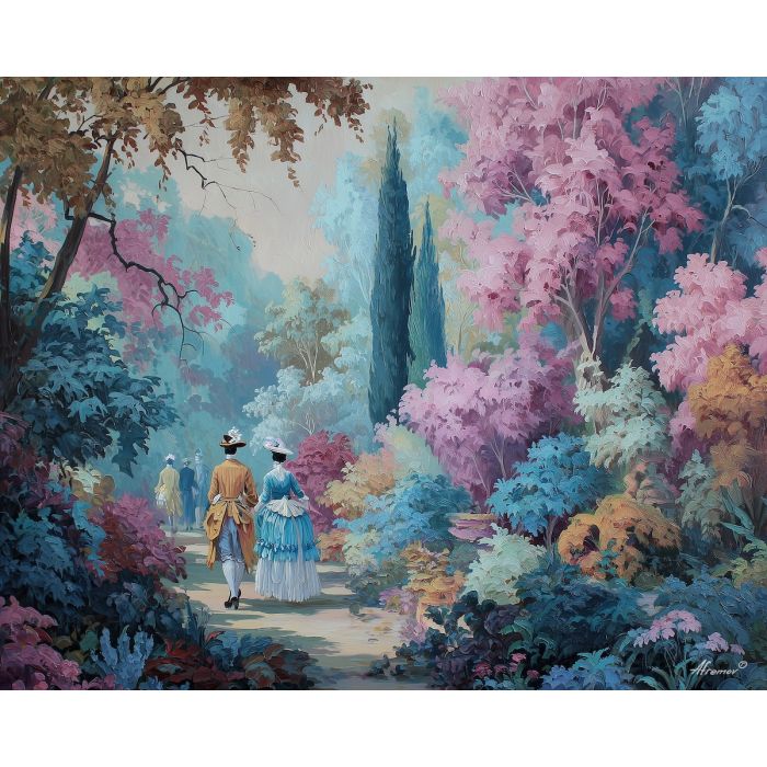 figures, strolling, through, a, garden, of, pastel, foliage, rococo style, pastel tones, ornate decoration, gilded curves, floral motifs, 18th century aesthetic, elegant detailing, asymmetry, soft lighting, decorative art