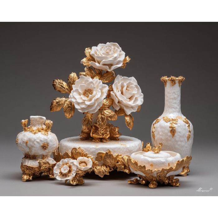 porcelain, objects, arranged, with, floral, gilded, accents, rococo style, pastel tones, ornate decoration, gilded curves, floral motifs, 18th century aesthetic, elegant detailing, asymmetry, soft lighting, decorative art
