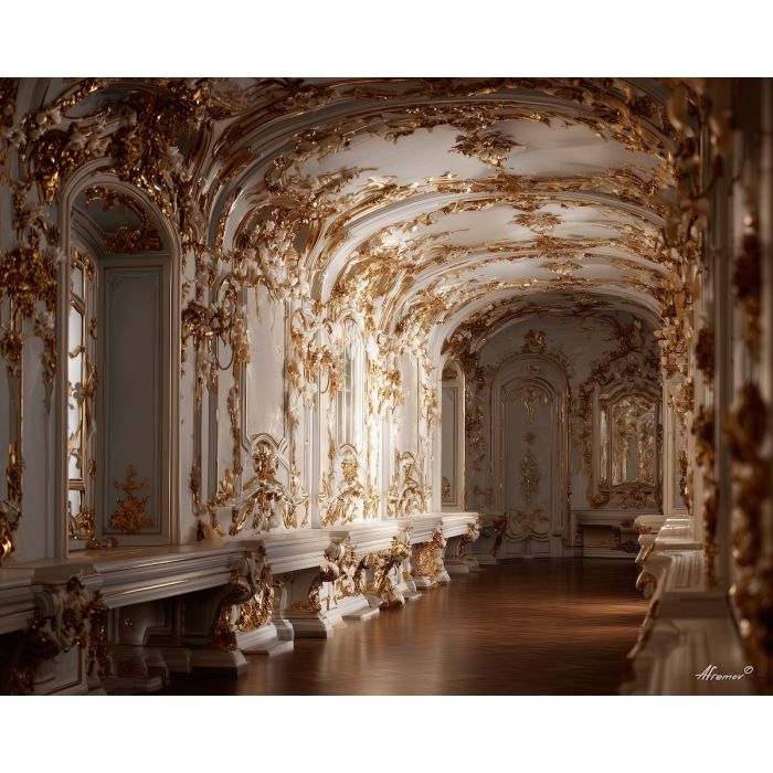 pearlescent, decor, arranged, along, ornate, walls, rococo style, pastel tones, ornate decoration, gilded curves, floral motifs, 18th century aesthetic, elegant detailing, asymmetry, soft lighting, decorative art