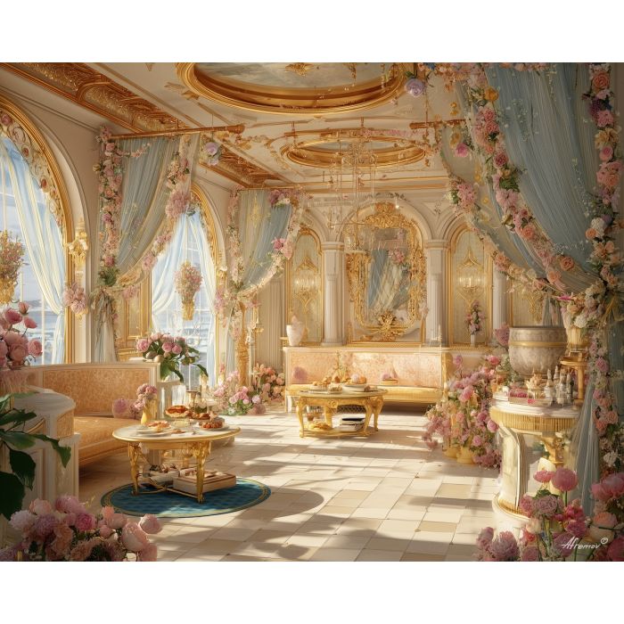 a, luminous, salon, filled, with, ribbons,, blossoms,, and, rococo style, pastel tones, ornate decoration, gilded curves, floral motifs, 18th century aesthetic, elegant detailing, asymmetry, soft lighting, decorative art