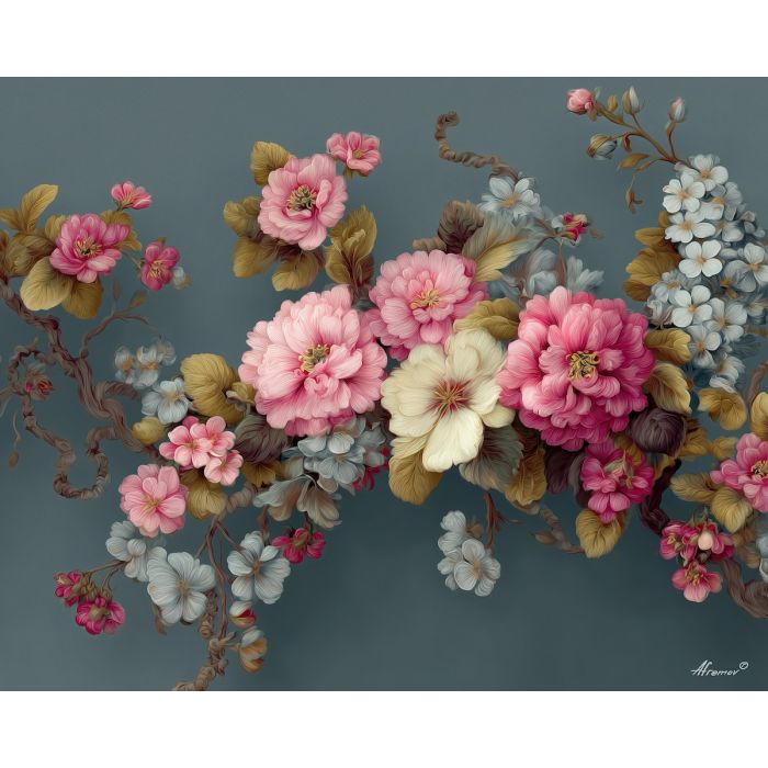 a, cascade, of, blossoms, arranged, in, curling, asymmetrical, rococo style, pastel tones, ornate decoration, gilded curves, floral motifs, 18th century aesthetic, elegant detailing, asymmetry, soft lighting, decorative art