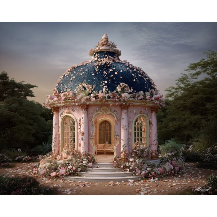 a, pavilion, decorated, with, shells,, scrolls,, and, blossoms, rococo style, pastel tones, ornate decoration, gilded curves, floral motifs, 18th century aesthetic, elegant detailing, asymmetry, soft lighting, decorative art