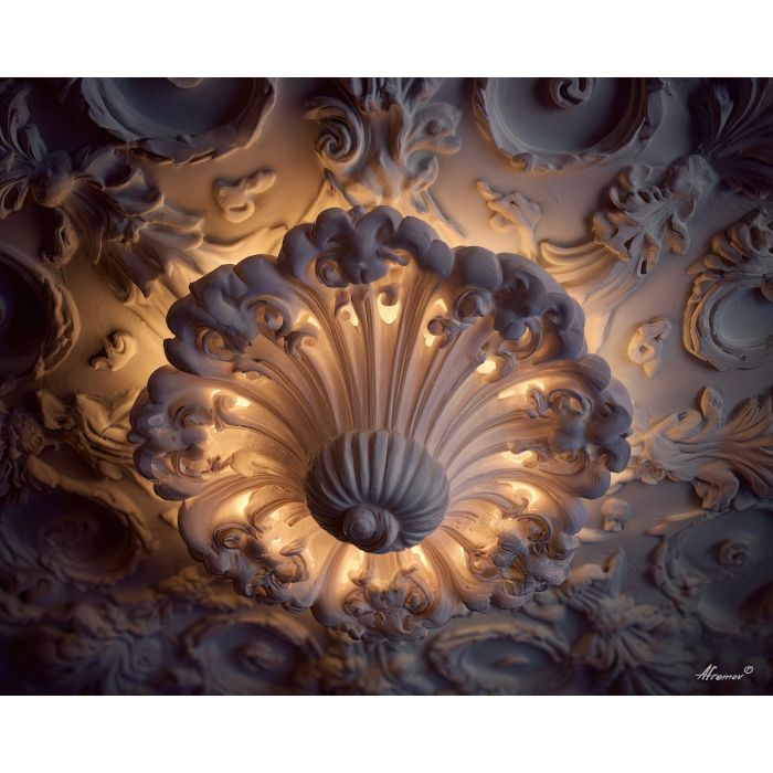 a, sculpted, shell, ornament, glowing, under, warm, rococo, rococo style, pastel tones, ornate decoration, gilded curves, floral motifs, 18th century aesthetic, elegant detailing, asymmetry, soft lighting, decorative art