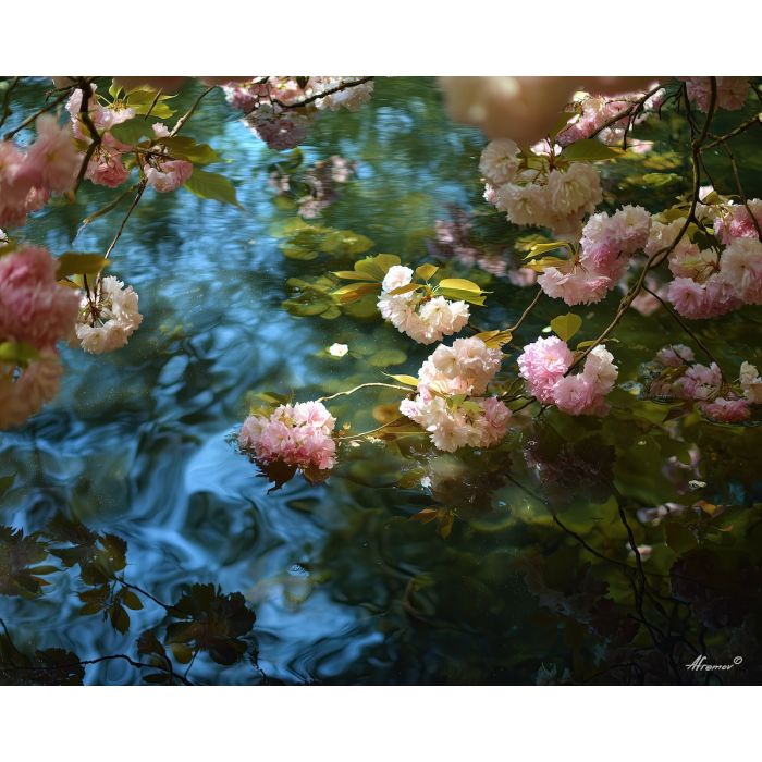 a, mirrored, pool, reflecting, soft, florid, forms, rococo style, pastel tones, ornate decoration, gilded curves, floral motifs, 18th century aesthetic, elegant detailing, asymmetry, soft lighting, decorative art