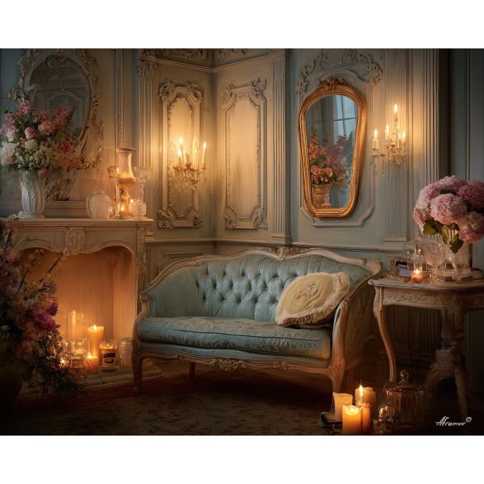 a, parlour, shimmering, with, soft, candlelit, pastels, rococo style, pastel tones, ornate decoration, gilded curves, floral motifs, 18th century aesthetic, elegant detailing, asymmetry, soft lighting, decorative art