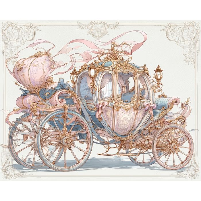 a, delicate, carriage, adorned, with, ribbons, and, pastel, rococo style, pastel tones, ornate decoration, gilded curves, floral motifs, 18th century aesthetic, elegant detailing, asymmetry, soft lighting, decorative art